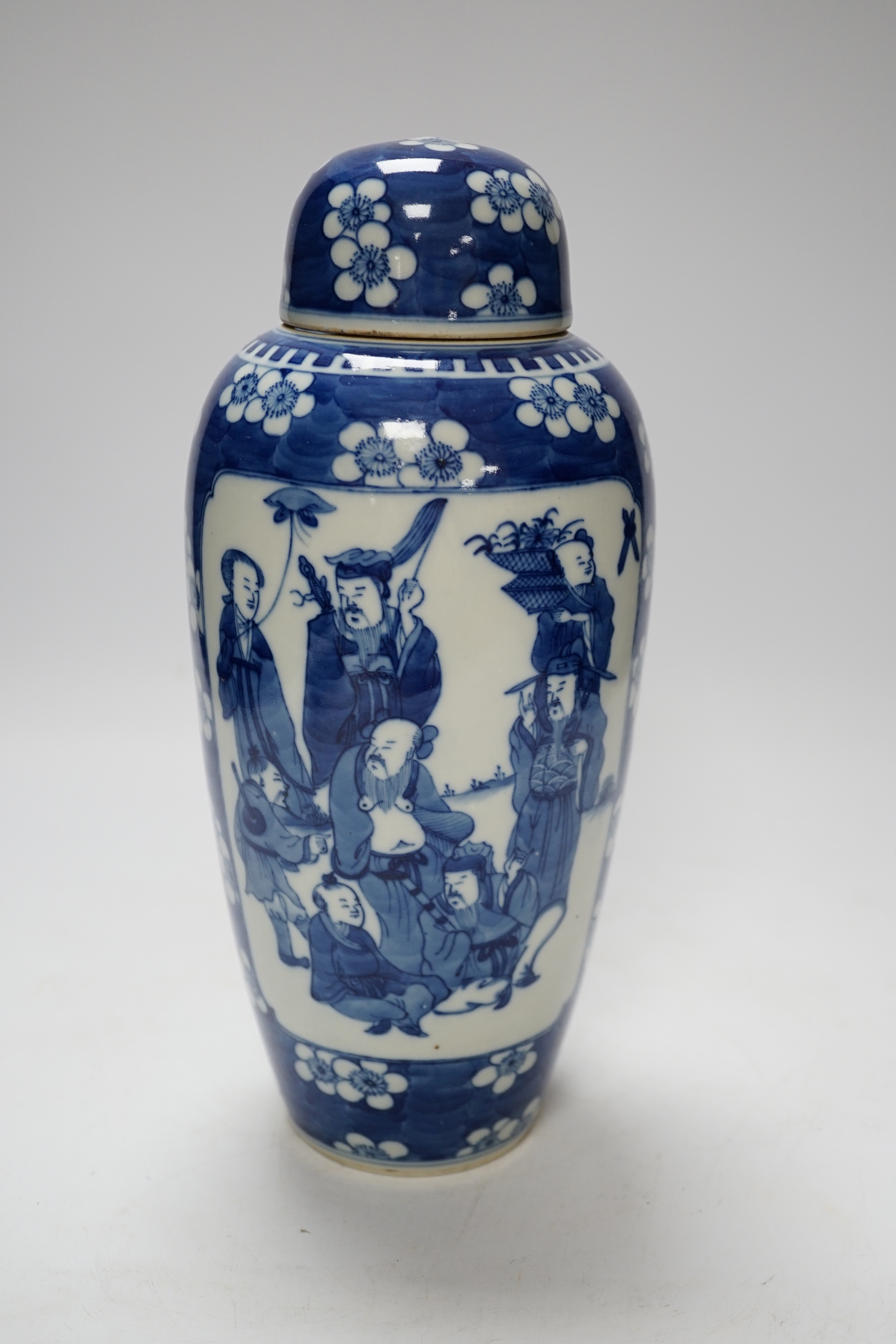 A Chinese blue and white ‘eight immortals’ jar and cover, circa 1900, 28cm